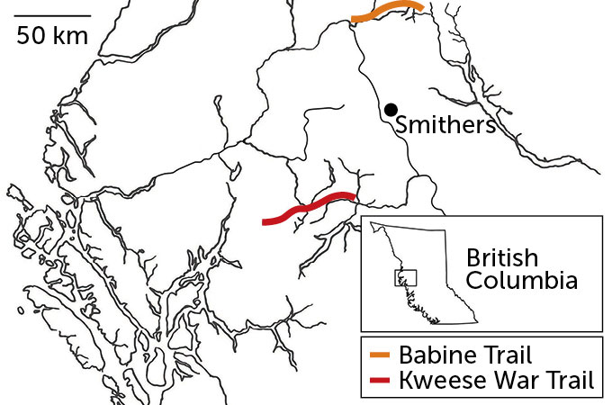 A map showing part of British Columbia where the Babine Trail and Kweese War Trail are.